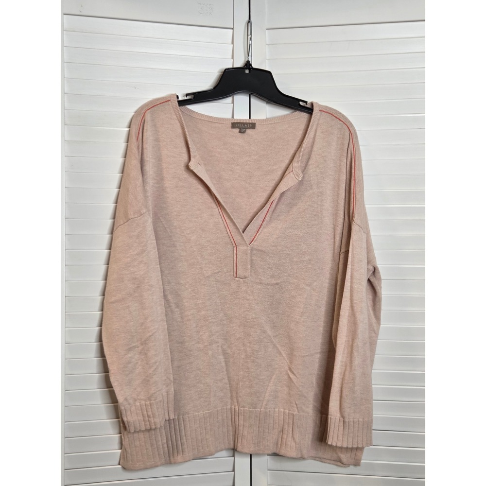 Lilla P Cotton Modal Henley Sweater XL Blush Red Trim